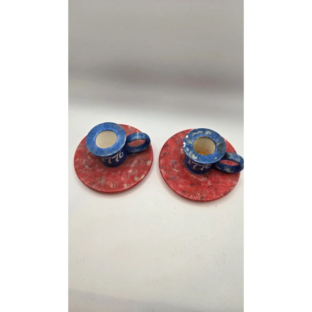 Patriotic 1776 Ceramic Chamberstick Candle Holders Pair Rustic Americana Decor